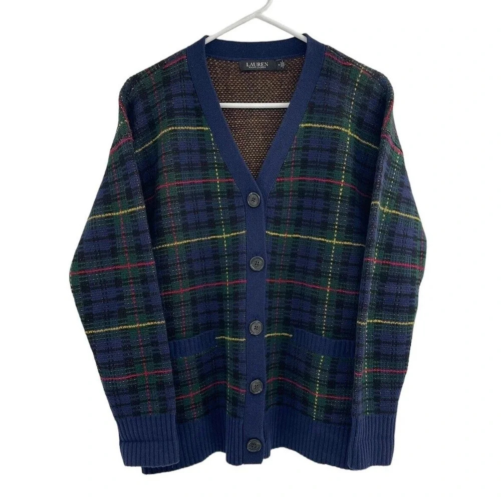 Lauren Ralph Lauren Women's Tarten Plaid Wool Cardigan Sweater Size Medium